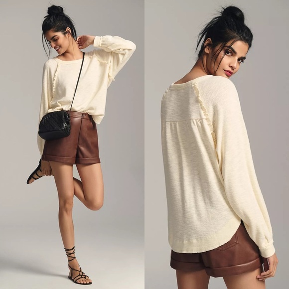 NWT Anthropologie Pilcro Ivory Ruffle Raglan Thermal Top Size XS Lightweight - Picture 1 of 7